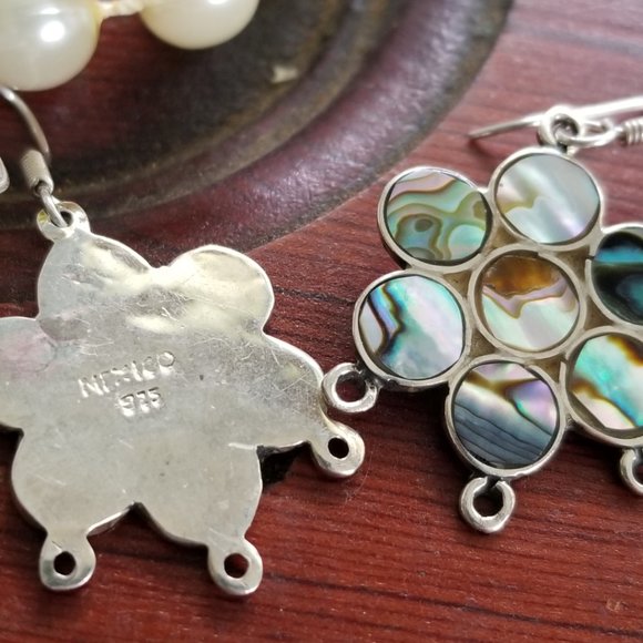 Abalone Shell Dangle Earrings Floral Shaped 925 Silver 1" - Picture 4 of 9